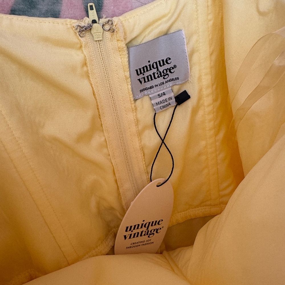 Unique Vintage Yellow Ruffled Tulle Cupcake Dress with Peach Pink Sash - Picture 3 of 6